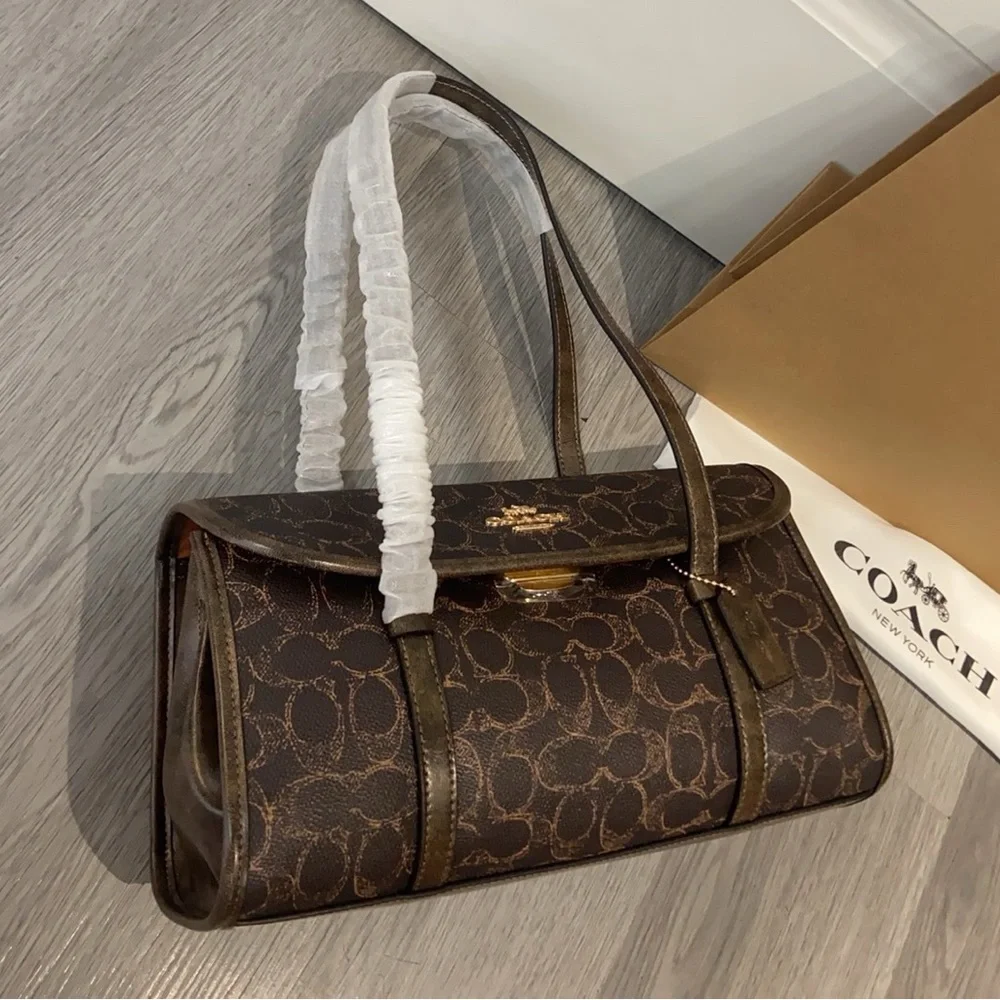 Coach Dark Brown Signature Canvas Shoulder Bag with Gold Logo